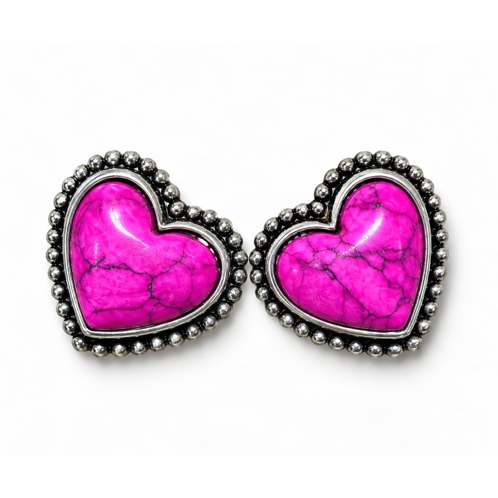 Western Heart Stud Earrings Pink Howlite Stone Silver Cowgirl Statement 1"